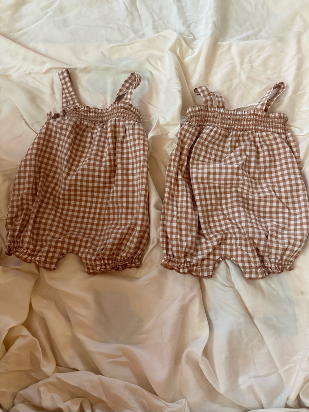 Carter's Twins Brown and White Gingham Smocked Baby Romper